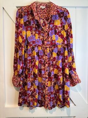 Umgee Burgundy Purple Yellow Floral Long-Sleeve Midi Dress